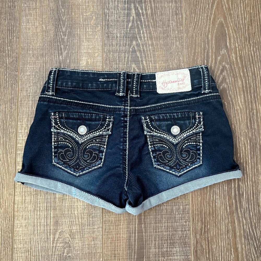 Hydraulic Dark Blue Denim Jean Shorts with Embroidered Back Pockets